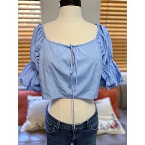 PrettyLittleThing Plus Blue Puff Sleeve Tie Front Crop Top Size 16